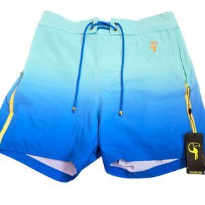 Tucann Mens Large Premium Faded Ocean Blue Ombre Swim Shorts Trunks 4" NWT Beach